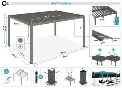 Pergola Bioclimatique autoportée SANTA 4x3m Aluminium Taupe