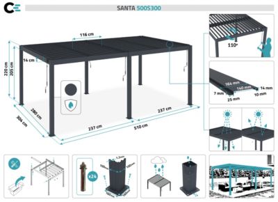 Pergola Bioclimatique autoportée SANTA 5x3m aluminium gris