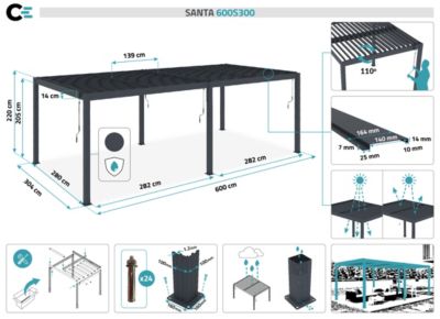 Pergola Bioclimatique autoportée SANTA 6x3m aluminium gris