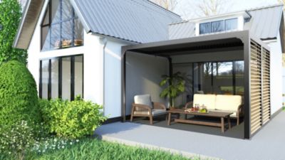 Pergola bioclimatique autoportante aluminium gris + ventelles latérales imitation bois 3,6 m x 3 m 10,80 m2