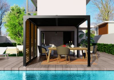 Pergola bioclimatique autoportante aluminium + ventelles latérales imitation bois 3 m x 3,6 m 10,80m² Habrita