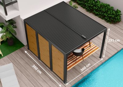 Pergola bioclimatique autoportante aluminium + ventelles latérales imitation bois 3 m x 3,6 m 10,80m² Habrita