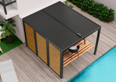 Pergola bioclimatique autoportante aluminium + ventelles latérales imitation bois 3 m x 3,6 m 10,80m² Habrita