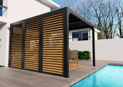 Pergola bioclimatique autoportante aluminium + ventelles latérales imitation bois 3 m x 3,6 m 10,80m² Habrita