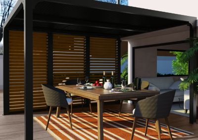 Pergola bioclimatique autoportante aluminium + ventelles latérales imitation bois 3 m x 3,6 m 10,80m² Habrita