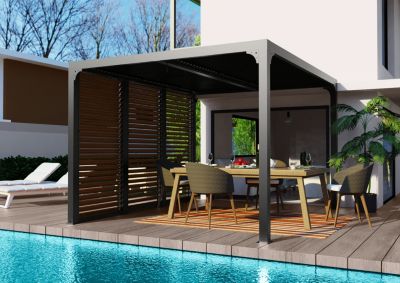 Pergola bioclimatique autoportante aluminium + ventelles latérales imitation bois 3 m x 3,6 m 10,80m² Habrita
