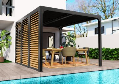 Pergola bioclimatique autoportante aluminium + ventelles latérales imitation bois 3 m x 3,6 m 10,80m² Habrita