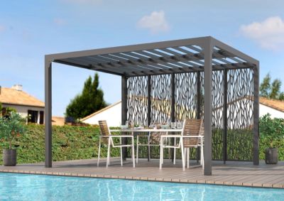 Pergola bioclimatique autoportante manuelle aluminium Habrita PER36M30BI gris 3,60 x 3 m avec 1 côté moucharabieh gris