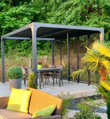 Pergola bioclimatique autoportante manuelle aluminium Habrita PER36M30BI gris 3,60 x 3 m avec 1 côté moucharabieh gris
