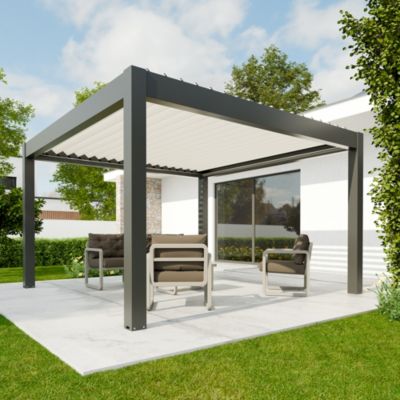 Pergola bioclimatique autoportante motorisée aluminium 4ALU Vali 4 x 4 m gris anthracite 7016 lames blanches avec LED