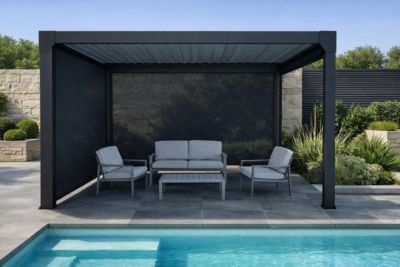 Pergola bioclimatique autoportante motorisée aluminium noir Green Outside Actual 4x3m + 1 rideau 3m + 1 rideau 4m