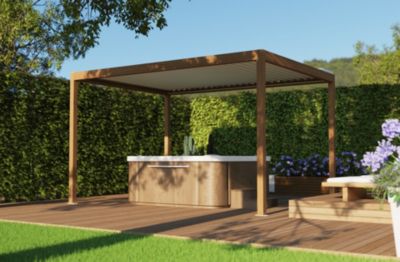 Pergola bioclimatique autoportante motorisée Salto Alumin'home aluminium aspect bois - 3 x 4 m avec LED intégrés