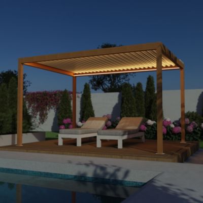 Pergola bioclimatique autoportante motorisée Salto Alumin'home aluminium aspect bois - 3 x 4 m avec LED intégrés