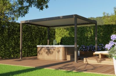 Pergola bioclimatique autoportante motorisée Salto Alumin'home aluminium gris taupe RAL 7039 - 4 x 3 m avec LED intégrés