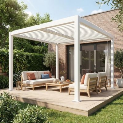 Pergola bioclimatique blanche. aluminium et acier. 3x3m. lames orientables