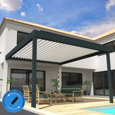 Pergola Bioclimatique COCOON XL perpendiculaire Mixte Gris anthracite / Blanc 6,015x3,00m LED 3 cotés - Ouverture anti-horaire