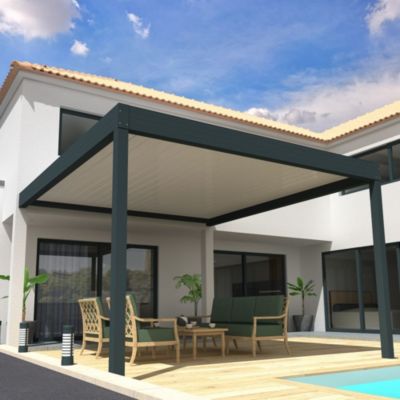 Pergola Bioclimatique COCOON XL perpendiculaire Mixte Gris anthracite / Blanc 6,015x3,00m LED 3 cotés - Ouverture anti-horaire