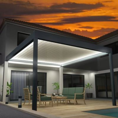 Pergola Bioclimatique COCOON XL perpendiculaire Mixte Gris anthracite / Blanc 6,015x3,00m LED 3 cotés - Ouverture anti-horaire