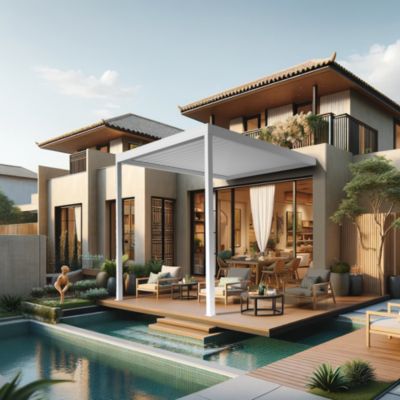 Pergola bioclimatique DASHURIA 4,00 x 4,613m Vérin à Télécommande (Blanc)