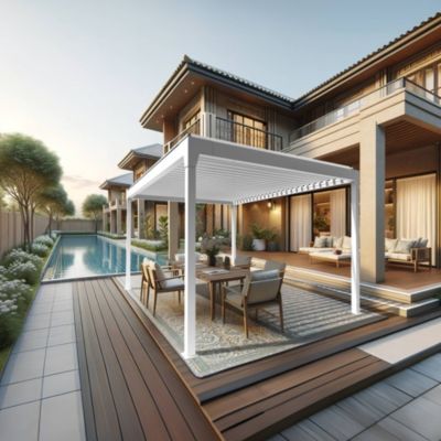 Pergola bioclimatique DASHURIA îlot 3,50 x 3,538m Vérin à Télécommande (Blanc)