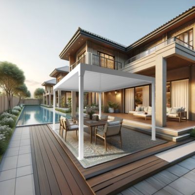 Pergola bioclimatique DASHURIA îlot 3,50 x 3,538m Vérin à Télécommande (Blanc)