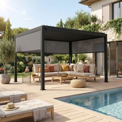 Pergola bioclimatique en aluminium. lames orientables 3x4m + 2 stores 3m + 1 store 4m TRIOMPHE anthracite