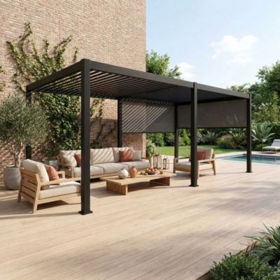Pergola Bioclimatique gris anthracite 300x600cm. aluminium à lames orientables + 2 stores 3m