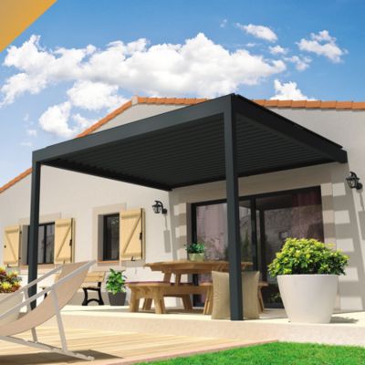 Pergola bioclimatique LOLITE 4,00x3,038 M Vérin à Télécommande + LED (Mixte - Armature gris anthracite, lames blanc)
