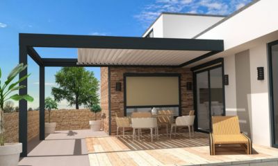 Pergola bioclimatique rétractable adossée aluminium gris et blanc Kokoon 5 - 3 x 5,21m Sunstyl