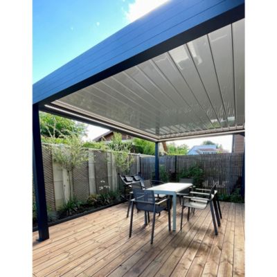 Pergola bioclimatique SPINELLE 4,50x3,062 M Double vérin à Télécommande (Mixte - Armature gris anthracite, lames blanc)