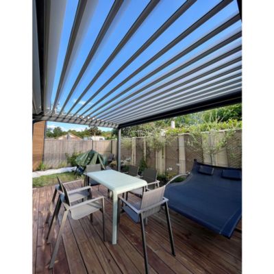 Pergola bioclimatique SPINELLE 4,50x3,062 M Double vérin à Télécommande (Mixte - Armature gris anthracite, lames blanc)