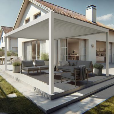 Pergola bioclimatique Xenon II îlot (Vérin à Télécommande + LED 3 côtés - Blanc - 4,50 x 5,218m)