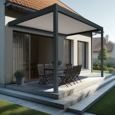 Pergola bioclimatique Xenon perpendiculaire (Vérin à Télécommande - Gris anthracite / Blanc - 3,584 x 3,50m)
