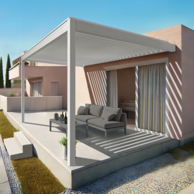 Pergola bioclimatique Xenon perpendiculaire (Vérin à Télécommande + LED 3 côtés - Blanc - 4,634 x 3,50m)