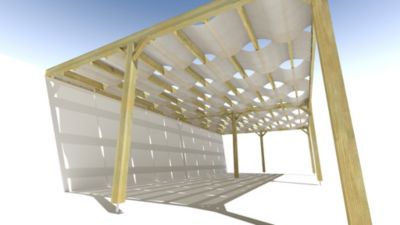 Pergola bois - 10m x 5m - adossée - sens largeur - voilage semi-transparent inclus - livraison comprise