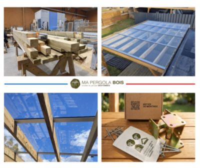 Pergola bois - 2m x 5m - adossée - sens largeur - couverture étanche transparente incluse - livraison comprise