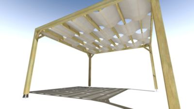 Pergola bois - 4m x 4m - indépendante - sens largeur - voilage semi-transparent inclus - livraison comprise