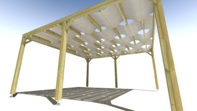 Pergola bois - 5m x 5m - indépendante - sens largeur - voilage semi-transparent inclus - livraison comprise