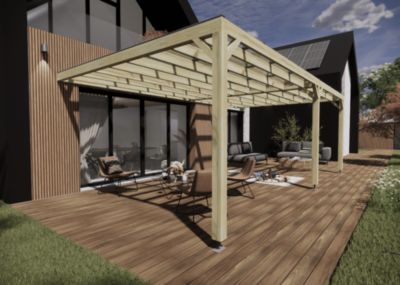 Pergola bois - 7m x 4m - adossée - sens largeur - couverture étanche transparente incluse - livraison comprise