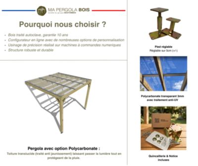 Pergola bois - 7m x 4m - adossée - sens largeur - couverture étanche transparente incluse - livraison comprise