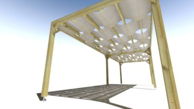 Pergola bois - 9m x 3m - indépendante - sens largeur - voilage semi-transparent inclus - livraison comprise