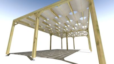 Pergola bois - 9m x 5m - indépendante - sens largeur - voilage semi-transparent inclus - livraison comprise