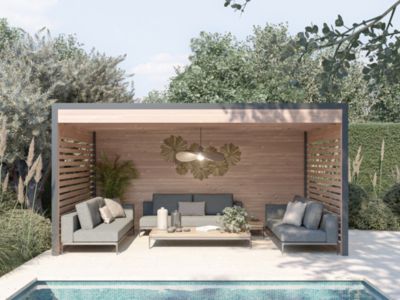 Pergola bois DESIGN - Bois Douglas épaisseur 55mm - Toiture BACACIER avec solives sous toiture