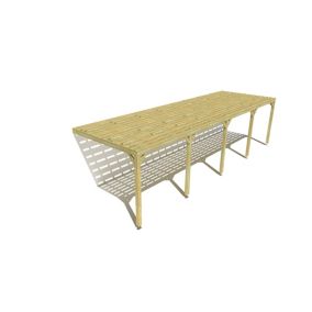 Pergola bois labellisée FSC, 10m x 3m, adossée, sens profondeur, platelage bois.