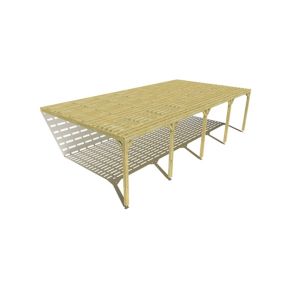 Pergola bois labellisée FSC, 10m x 5m, adossée, sens profondeur, platelage bois.