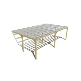 Pergola bois labellisée FSC, 8m x 5m, adossée, sens largeur, couverture étanche transparente incluse.