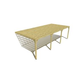 Pergola bois labellisée FSC, 9m x 4m, adossée, sens profondeur, platelage bois.