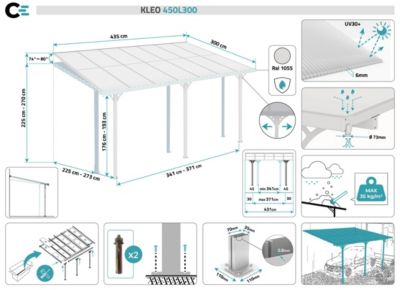 Pergola/Carport adossé 13,5m² KLEO 4,5x3m aluminium blanc