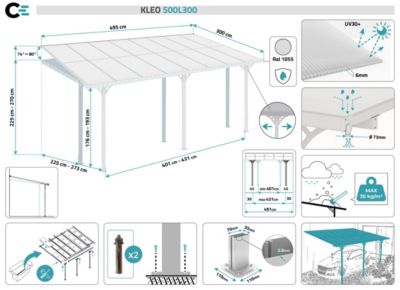 Pergola/Carport adossé 15m² KLEO 5x3m aluminium blanc