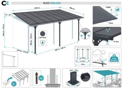 Pergola/Carport adossé 15m² KLEO 5x3m aluminium gris